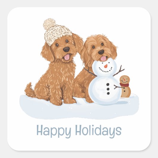 Happy Holidays Winter Goldendoodle Dog Snowman Quadratischer Aufkleber (Vorderseite)