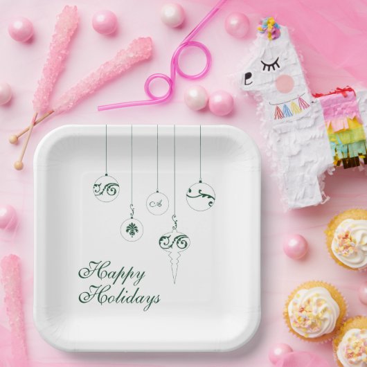 Happy Holidays Winter Green Monogram Bauble Square Pappteller (Party)