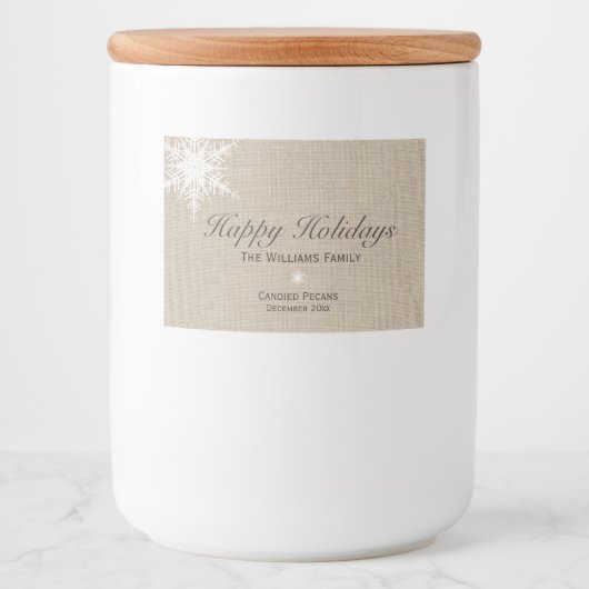 Happy Holidays Winter Snowflake Food Label Burlap Lebensmitteletikett (Vorderseite)