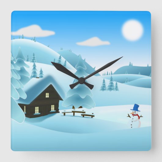 "HAPPY HOLIDAYS" WINTERLANDSCHAFT QUADRATISCHE WANDUHR (Vorderseite)