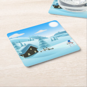 "HAPPY HOLIDAYS" WINTERLANDSCHAFT RECHTECKIGER PAPPUNTERSETZER