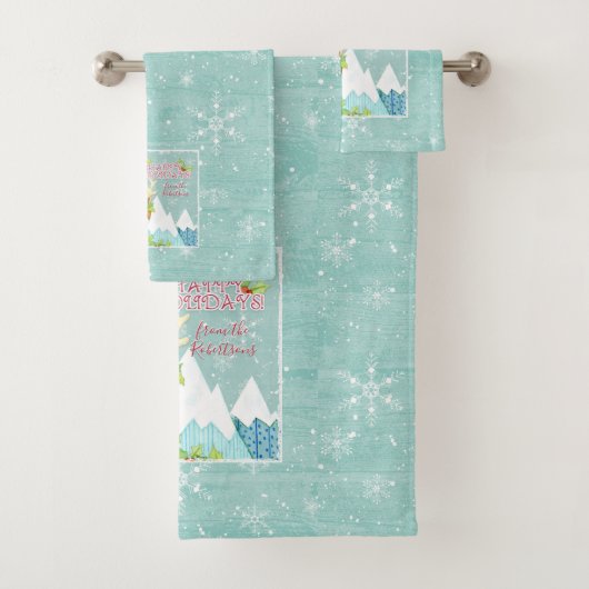Happy Holidays Winterschnee Schneeflocken Rentier  Badhandtuch Set (Insitu)