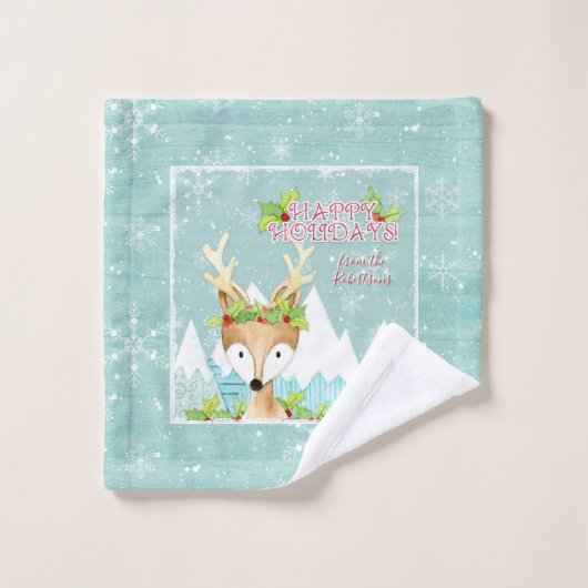 Happy Holidays Winterschnee Schneeflocken Rentier Badhandtuch Set (Waschlappen)
