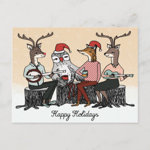Happy Holidays Woodland Animals Stump Music Card Feiertagspostkarte