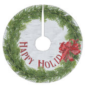 Happy Holidays Wraath with Red Bow on Birch Polyester Weihnachtsbaumdecke (Vorderseite)
