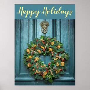 Happy Holidays Wreath an schöner Tür Poster
