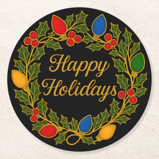 Happy Holidays Wreath Christmas Lights and Holly Runder Pappuntersetzer (Vorderseite)