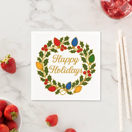 Happy Holidays Wreath Christmas Lights and Holly Serviette (Beispiel)