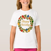 Happy Holidays Wreath Christmas Lights and Holly T-Shirt (Vorderseite)