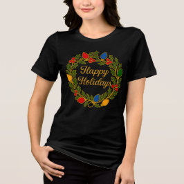 Happy Holidays Wreath Christmas Lights and Holly Tri-Blend Shirt