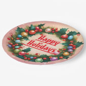 Happy Holidays Wreath farbenfroher Weihnachtsschne Pappteller (Schrägansicht)