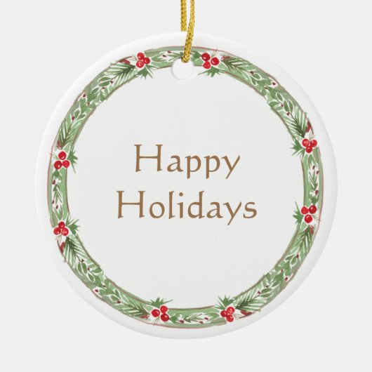 Happy Holidays Wreath Greenery Berries Business Keramik Ornament (Vorne)