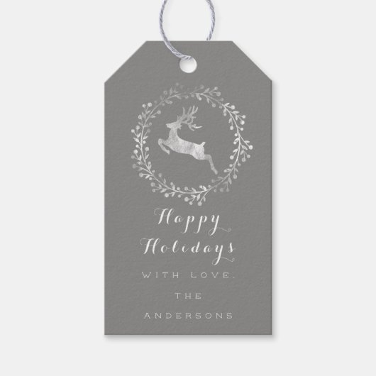 Happy Holidays Wreath Joy Gray White Geschenkanhänger (Vorderseite)