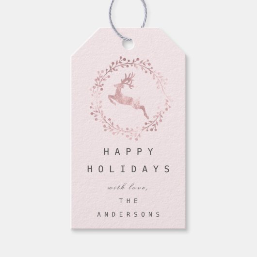 Happy Holidays Wreath Joy Pink Rose Pastel Deer Geschenkanhänger (Vorderseite)