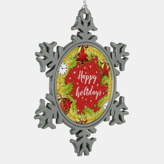 Happy Holidays Wreath mit Schneeflocken Schneeflocken Zinn-Ornament (Links)