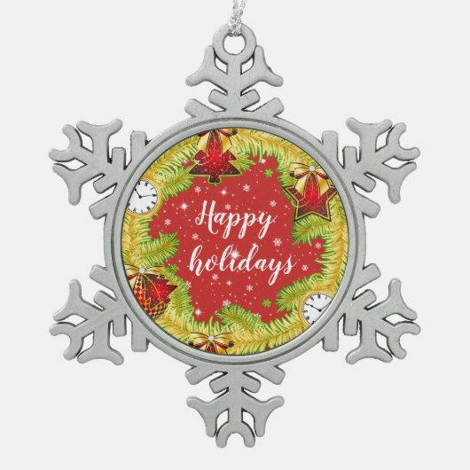 Happy Holidays Wreath mit Schneeflocken Zinn-Ornament (Vorderseite)