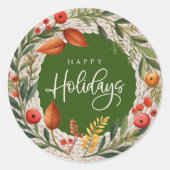 Happy Holidays Wreath Watercolor Runder Aufkleber (Vorderseite)