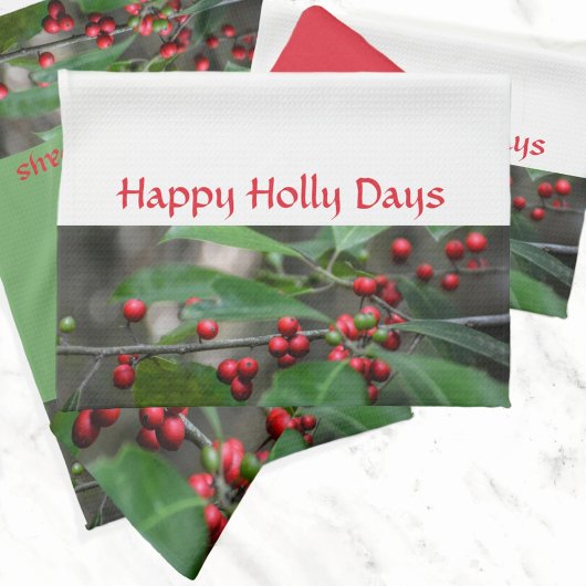 Happy Holly Days Red Berries Fotografy Holiday Geschirrtuch