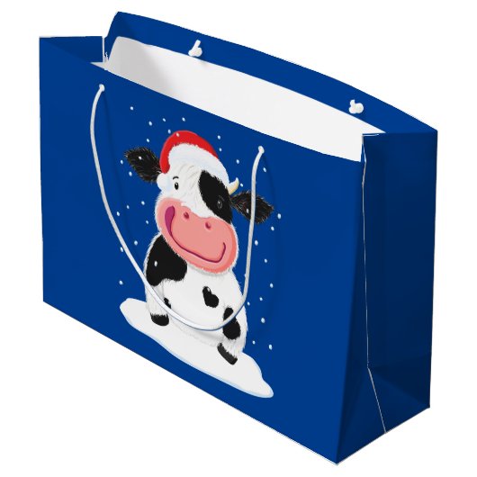 Happy Holstein Kuh im Weihnachtsschnee Große Geschenktüte (Rückseite Schrägansicht)