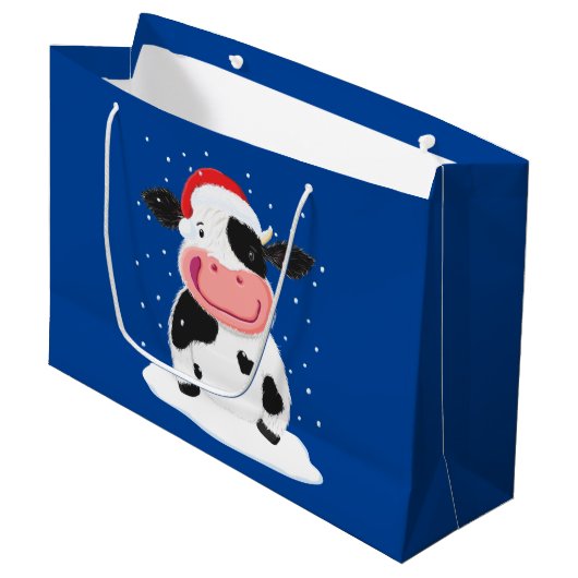 Happy Holstein Kuh im Weihnachtsschnee Große Geschenktüte (Vorderseite Schrägansicht)