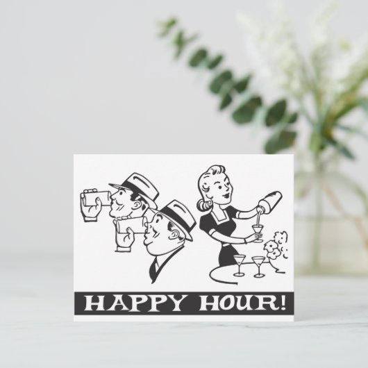 Happy Hour Einladung mit lustigem Retro (Stehend Vorderseite)