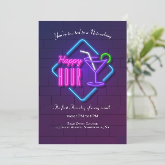 Happy Hour Neon Networking Einladung (Stehend Vorderseite)