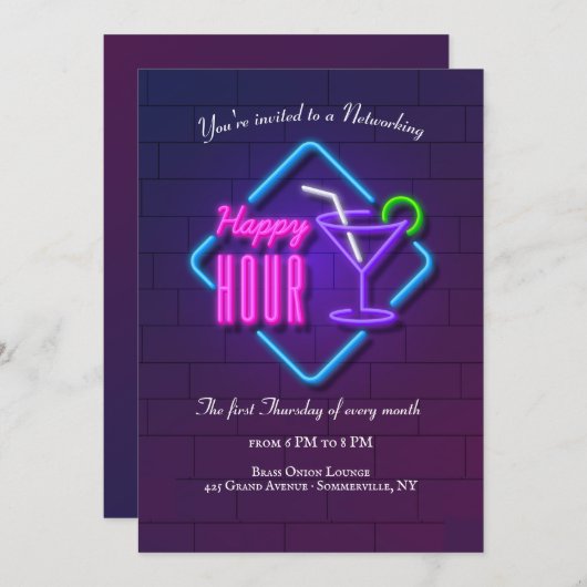 Happy Hour Neon Networking Einladung (Vorne/Hinten)