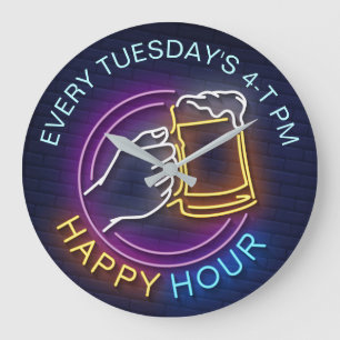 Happy Hour Neon Signs Style Text Beer Stain Große Wanduhr