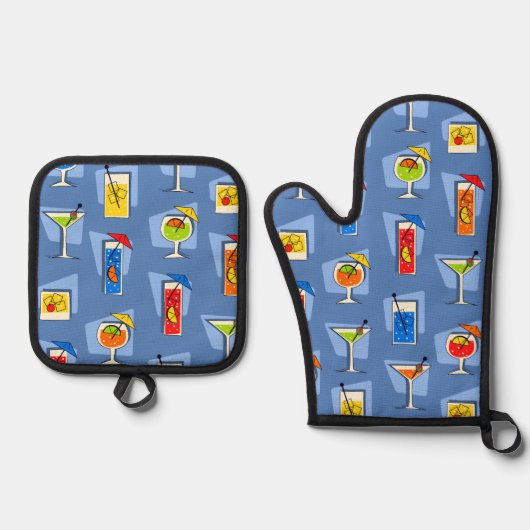 Happy Hour Retro Hawaiian Tropical Drinks Blau Ofenhandschuh & Topflappen-Set (Vorderseite)