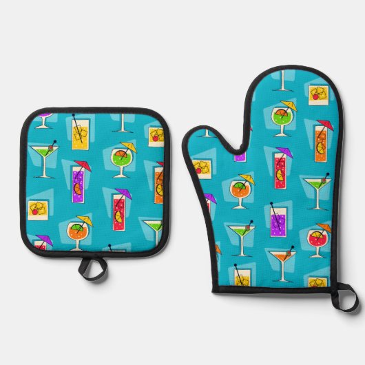 Happy Hour Retro Hawaiian Tropical Drinks Turq Ofenhandschuh & Topflappen-Set (Vorderseite)