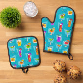Happy Hour Retro Hawaiian Tropical Drinks Turq Ofenhandschuh & Topflappen-Set (Oben Unten)