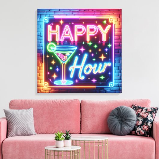 Happy Hour Sign On Rainbow Brick Leinwanddruck (Insitu (Wohnzimmer))