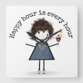 Happy Hour Strichfigur-Mädchen mit Cocktail Quadratische Wanduhr (Vorderseite)