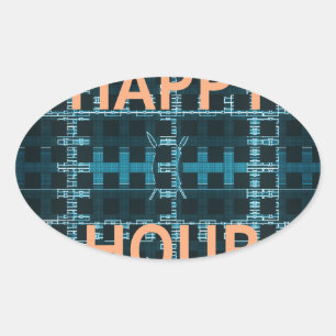Happy Hour Text Blau Vektor Kunst Druck Ovaler Aufkleber