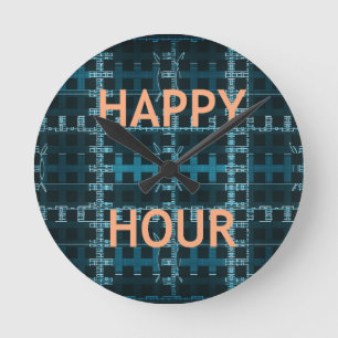 Happy Hour Text Blue Vector Art Print Runde Wanduhr