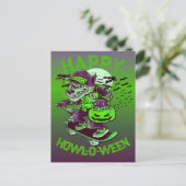 Happy Howl-o-ween Wolf Reiten auf Skateboard Postkarte (Stehend Vorderseite)