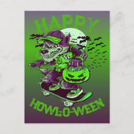 Happy Howl-o-ween Wolf Reiten auf Skateboard Postkarte