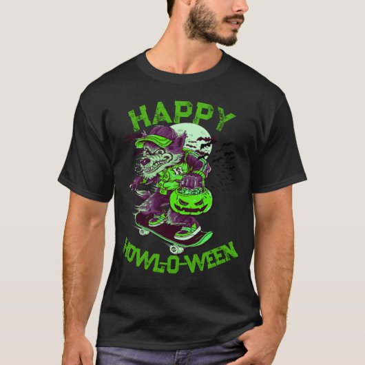 Happy Howl-o-ween Wolf Reiten auf Skateboard T-Shirt (Vorderseite)