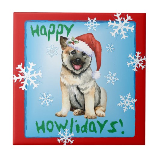 Happy Howliday Norwegische Elkhound Keramik Tile Fliese (Vorderseite)