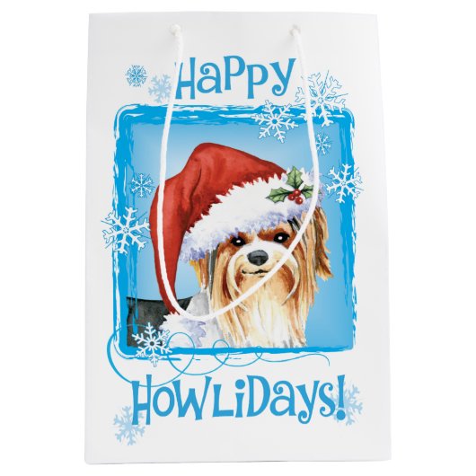 Happy Howlidays Biewer Terrier Medium Geschenktasc Mittlere Geschenktüte (Vorderseite)