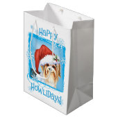 Happy Howlidays Biewer Terrier Medium Geschenktasc Mittlere Geschenktüte (Vorderseite Schrägansicht)