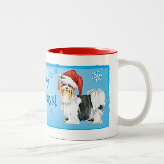Happy Howlidays Biewer Terrier Zwei-Tone-Kaffee-Ta Zweifarbige Tasse (Rechts)