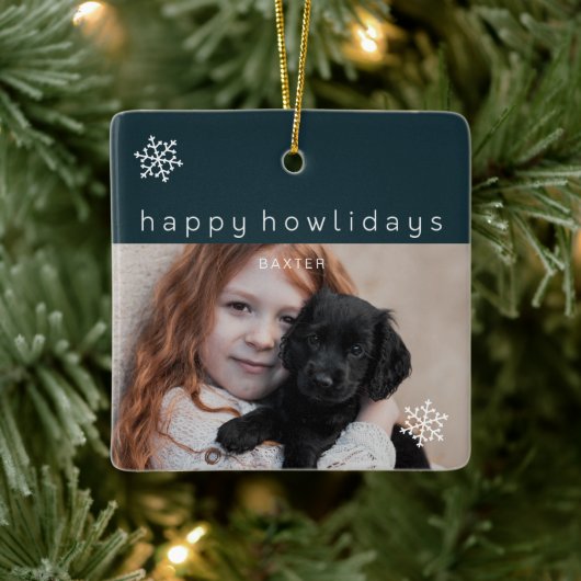 Happy Howlidays Blue Foto Dog Keramikornament (Baum)
