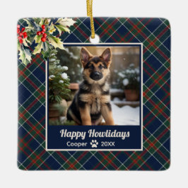 Happy Howlidays Dog Blue Karierte Weihnachten Keramikornament