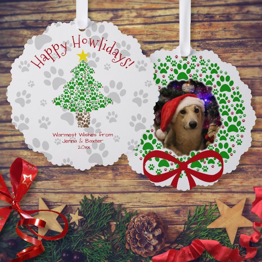 Happy Howlidays Fun Paw Prints Dog Foto Holiday Ornament Karte
