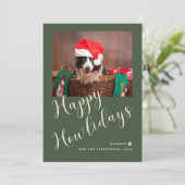 Happy Howlidays Green Dog Foto Feiertagskarte (Stehend Vorderseite)
