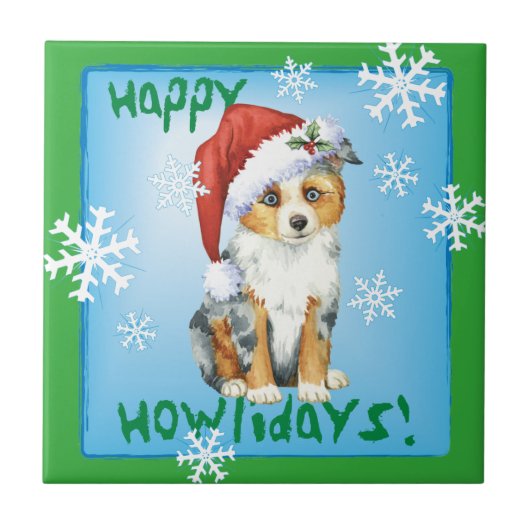 Happy Howlidays Mini American Shepherd Fliese (Vorderseite)
