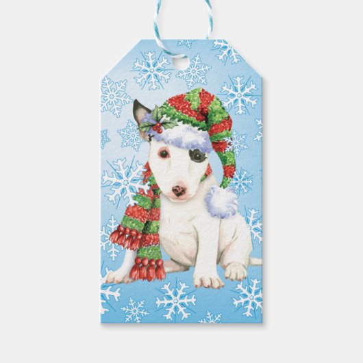 Happy Howlidays Mini Bull Terrier Geschenkanhänger (Vorderseite)