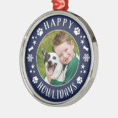 Happy Howlidays Navy Blue Custom Dog Foto Ornament Aus Metall (Links)