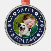 Happy Howlidays Navy Blue Custom Dog Foto Ornament Aus Metall (Vorne)